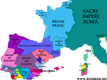 L'occident europeu en 1034, en l'apogeu del regnat de Sanç "el Major" de Navarra. Faci clic sobre la imatge per ampliar el mapa