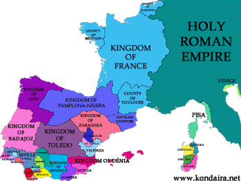 The west of Europe in 1034, at the height of the reign of Sancho The Great of Navarre. Click the map to enlarge