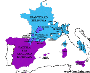 Gaztela eta Aragoi, Frantzia eta Nafarroako lurraldeak 1500.ean. Klik egin irudi gainean handiturik ikus dezazun