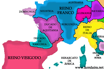 Mapa de la Europa occidental antes de la invasión árabe de la península ibérica (711 d.C.)