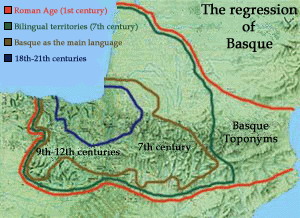 The loss of ground of Euskara since the 1st century AD