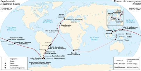 La trayectoria del viaje de Juan Sebastián Elkano. Haga clic en la imagen para ampliar el mapa