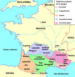 Los dialectos del occitano. Haga clic sobre la imagen para ampliar el mapa