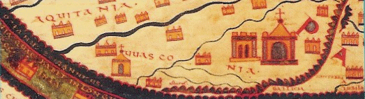 Mapa medieval de la localidad de San Severo (Gascuña) donde se muestra la frontera norte de Vasconia (escrito Wasconia) con Aquitania establecida a través del río Garona